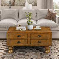 Antique Brown Solid Wood Rectangle Coffee Table With 4 Drawers And Rivet Legs For Living Room