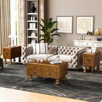 Antique Brown Solid Wood Rectangle Coffee Table With 4 Drawers And Rivet Legs For Living Room