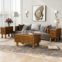 Antique Brown Solid Wood Rectangle Coffee Table With 4 Drawers And Rivet Legs For Living Room
