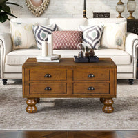 Antique Brown Solid Wood Rectangle Coffee Table With 4 Drawers And Rivet Legs For Living Room