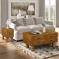 Antique Brown Solid Wood Rectangle Coffee Table With 4 Drawers And Rivet Legs For Living Room