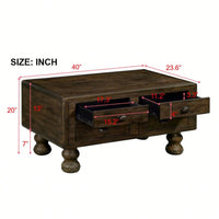 Antique Brown Solid Wood Rectangle Coffee Table With 4 Drawers And Rivet Legs For Living Room