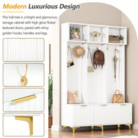 Modern Multi-Functional Storage Bench With High Gloss Fluted Doors And Luxurious Coat Rack For Entryway And Living Room In White