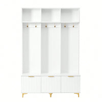 Modern Multi-Functional Storage Bench With High Gloss Fluted Doors And Luxurious Coat Rack For Entryway And Living Room In White