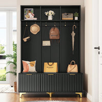 Modern Multi-Functional Storage Bench With High Gloss Fluted Doors And Luxurious Coat Rack For Entryway And Living Room In White