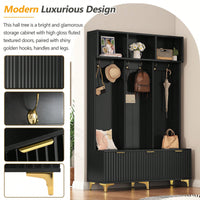 Modern Multi-Functional Storage Bench With High Gloss Fluted Doors And Luxurious Coat Rack For Entryway And Living Room In White