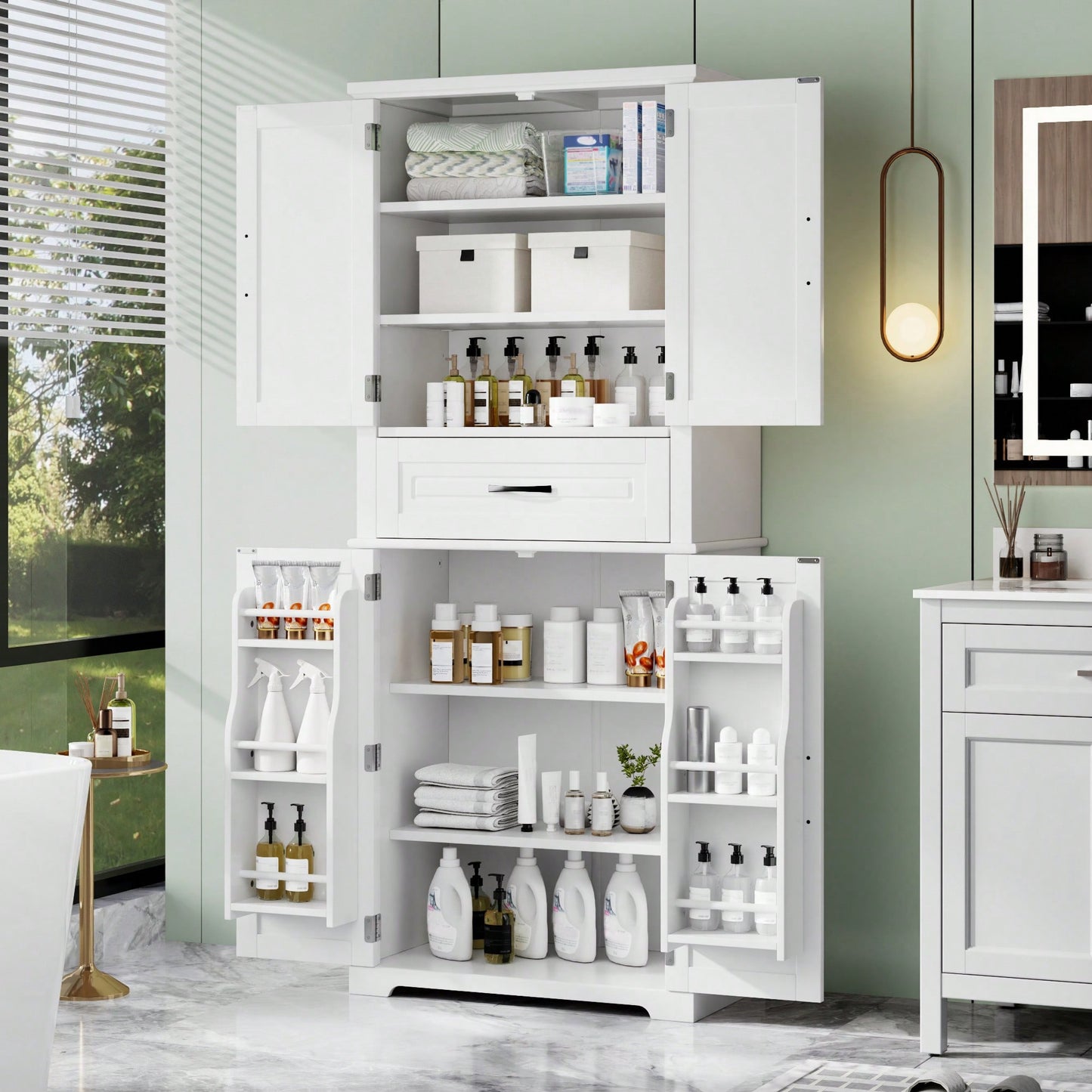 Multi-Functional Bathroom Storage Cabinet With Adjustable Shelf And Drawer For Organized Space In White