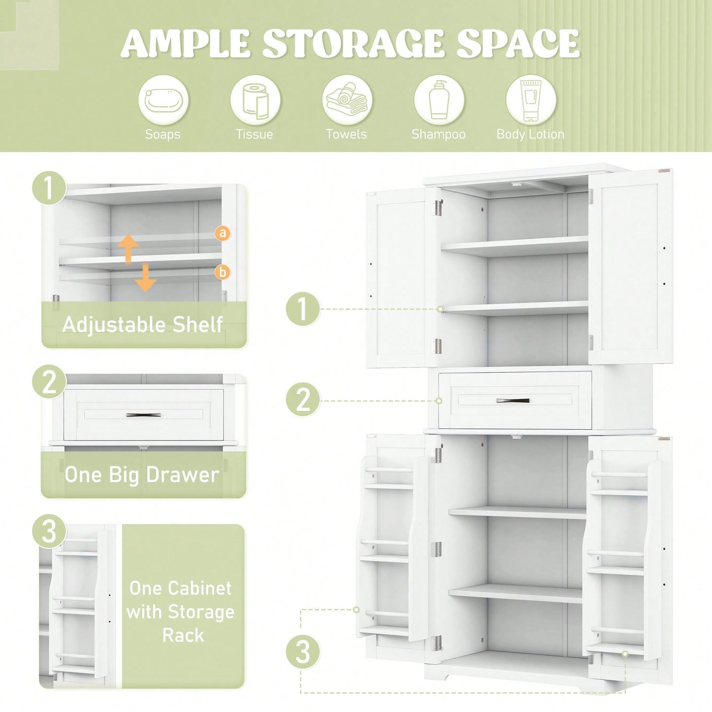 Multi-Functional Bathroom Storage Cabinet With Adjustable Shelf And Drawer For Organized Space In White