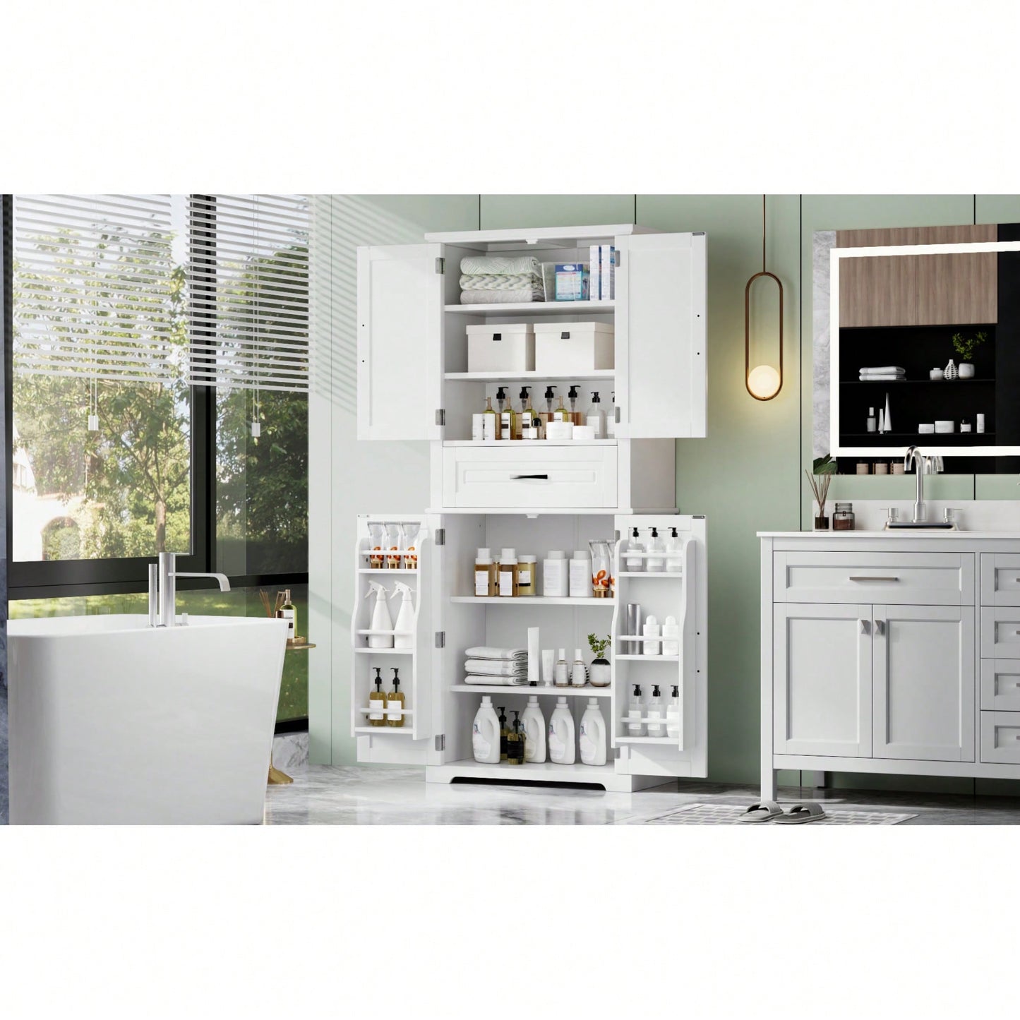 Multi-Functional Bathroom Storage Cabinet With Adjustable Shelf And Drawer For Organized Space In White