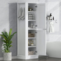 Freestanding Tall Bathroom Storage Cabinet With Adjustable Shelves And Hook In White MDF
