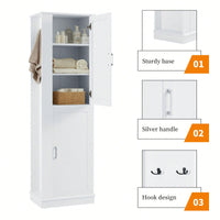 Freestanding Tall Bathroom Storage Cabinet With Adjustable Shelves And Hook In White MDF
