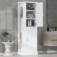 Freestanding Tall Bathroom Storage Cabinet With Adjustable Shelves And Hook In White MDF