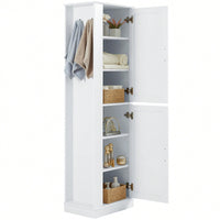 Freestanding Tall Bathroom Storage Cabinet With Adjustable Shelves And Hook In White MDF