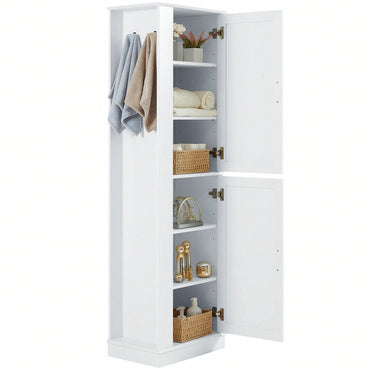 Freestanding Tall Bathroom Storage Cabinet With Adjustable Shelves And Hook In White MDF