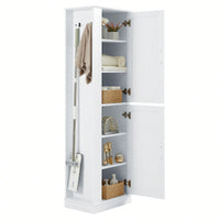 Freestanding Tall Bathroom Storage Cabinet With Adjustable Shelves And Hook In White MDF