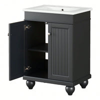 Sleek 24 Inch Black Bathroom Vanity With Elegant Ceramic Sink And Solid Wood Frame, Adjustable Shelf For Stylish Storage