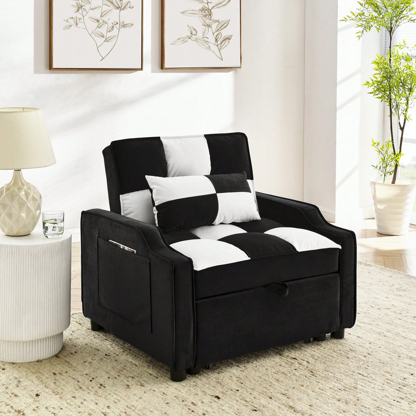 3-In-1 Convertible Velvet Armchair Sofa Bed For Living Room Black And White Design