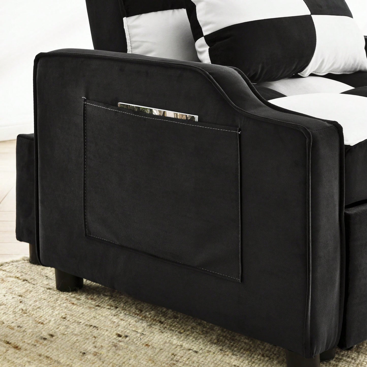 3-In-1 Convertible Velvet Armchair Sofa Bed For Living Room Black And White Design