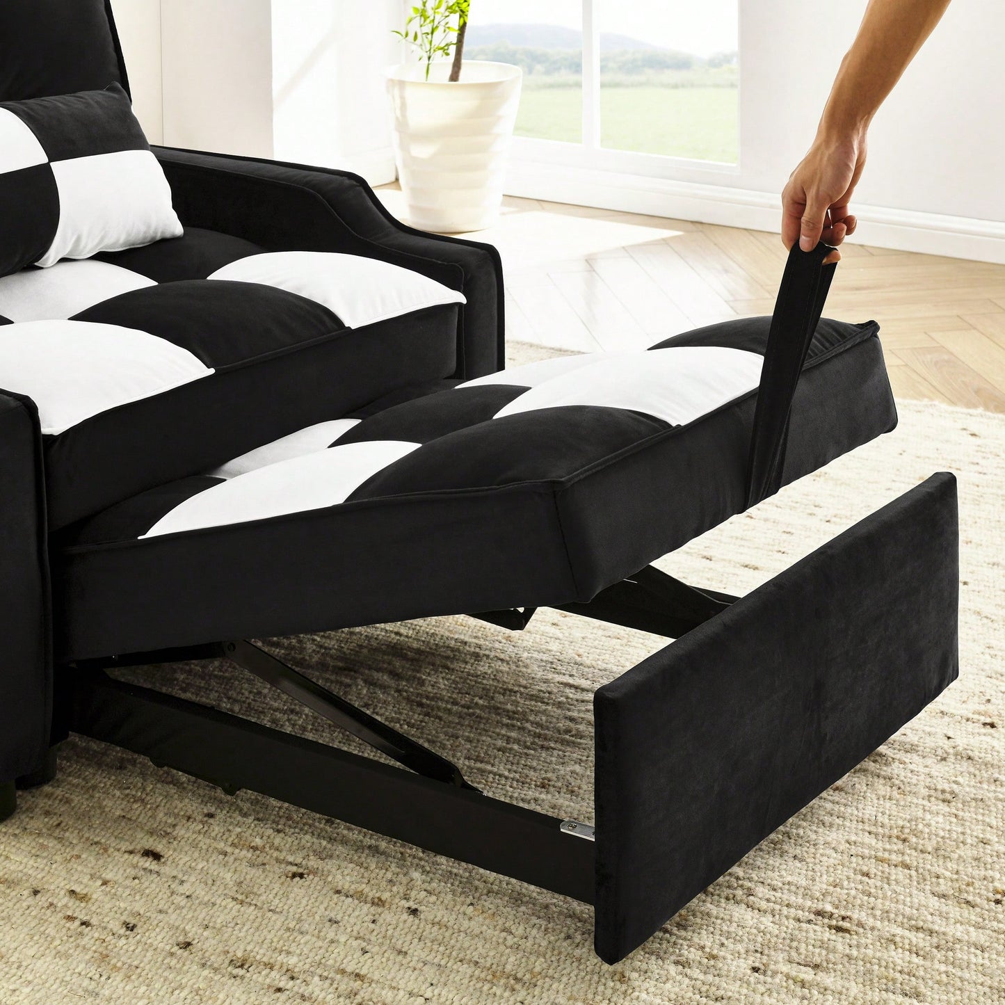 3-In-1 Convertible Velvet Armchair Sofa Bed For Living Room Black And White Design