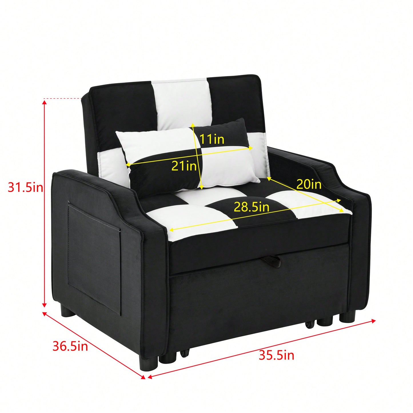3-In-1 Convertible Velvet Armchair Sofa Bed For Living Room Black And White Design