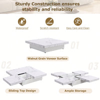 Modern Square Marble Veneer Coffee Table With Sliding Storage Top In White 39.4 Inches