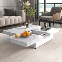 Modern Square Marble Veneer Coffee Table With Sliding Storage Top In White 39.4 Inches