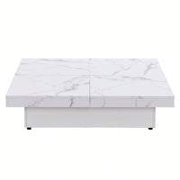 Modern Square Marble Veneer Coffee Table With Sliding Storage Top In White 39.4 Inches