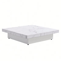 Modern Square Marble Veneer Coffee Table With Sliding Storage Top In White 39.4 Inches
