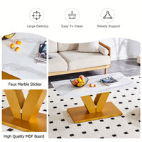 Modern Minimalist Tempered Glass Coffee Table With Sticker Design And Golden MDF Pillars For Living And Dining Rooms