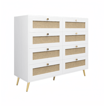 Elegant White 8 Drawer Chest With Rattan Fronts And Gold Legs And Handles