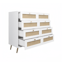 Elegant White 8 Drawer Chest With Rattan Fronts And Gold Legs And Handles