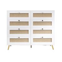 Elegant White 8 Drawer Chest With Rattan Fronts And Gold Legs And Handles
