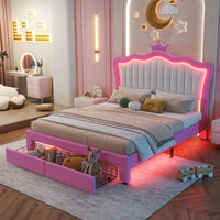 Modern Upholstered Princess Bed Frame With LED Lights And Crown Headboard, Pink And White Design, Features 2 Storage Drawers