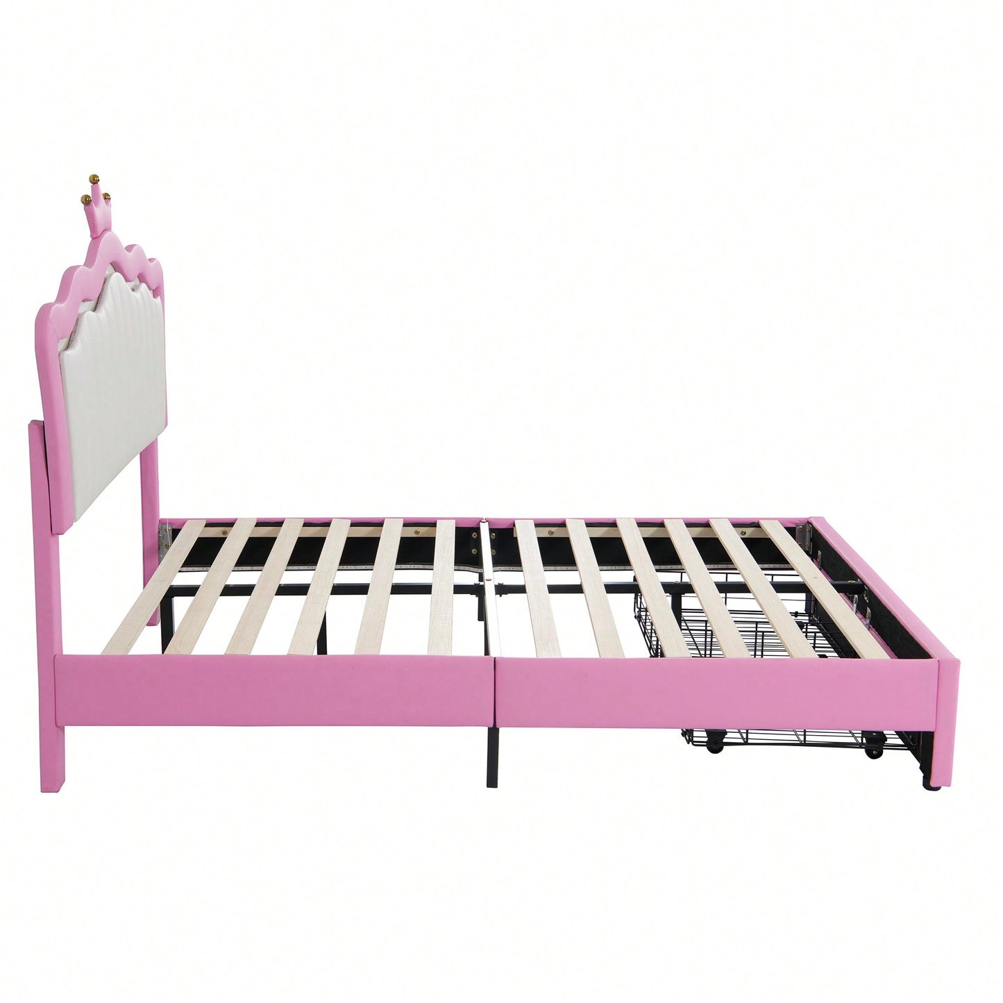 Modern Upholstered Princess Bed Frame With LED Lights And Crown Headboard, Pink And White Design, Features 2 Storage Drawers