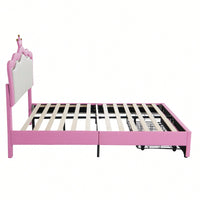 Modern Upholstered Princess Bed Frame With LED Lights And Crown Headboard, Pink And White Design, Features 2 Storage Drawers