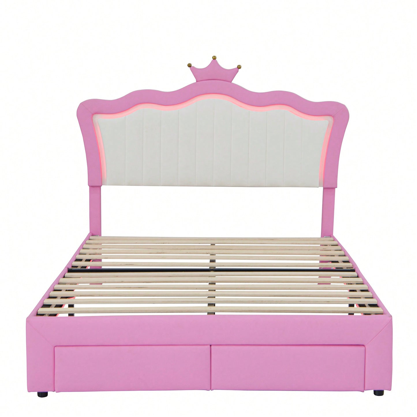Modern Upholstered Princess Bed Frame With LED Lights And Crown Headboard, Pink And White Design, Features 2 Storage Drawers