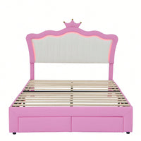 Modern Upholstered Princess Bed Frame With LED Lights And Crown Headboard, Pink And White Design, Features 2 Storage Drawers