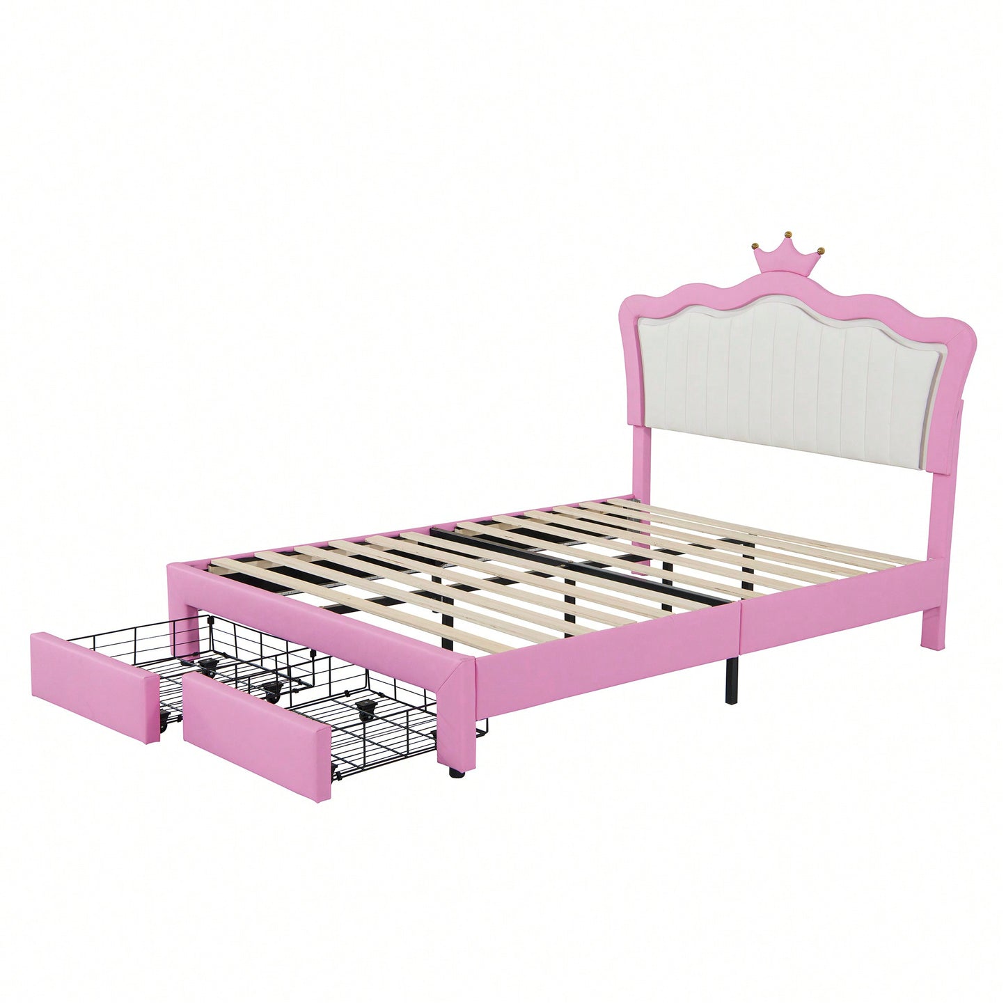 Modern Upholstered Princess Bed Frame With LED Lights And Crown Headboard, Pink And White Design, Features 2 Storage Drawers
