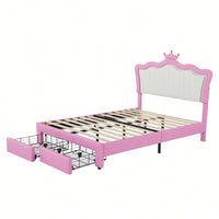 Modern Upholstered Princess Bed Frame With LED Lights And Crown Headboard, Pink And White Design, Features 2 Storage Drawers