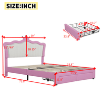 Modern Upholstered Princess Bed Frame With LED Lights And Crown Headboard, Pink And White Design, Features 2 Storage Drawers