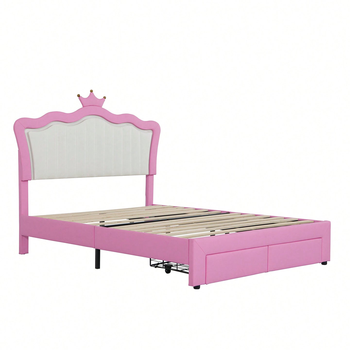 Modern Upholstered Princess Bed Frame With LED Lights And Crown Headboard, Pink And White Design, Features 2 Storage Drawers