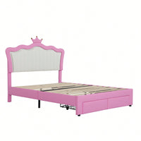 Modern Upholstered Princess Bed Frame With LED Lights And Crown Headboard, Pink And White Design, Features 2 Storage Drawers