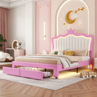 Modern Upholstered Princess Bed Frame With LED Lights And Crown Headboard, Pink And White Design, Features 2 Storage Drawers
