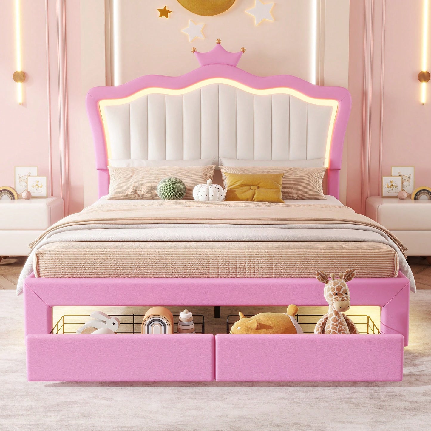 Modern Upholstered Princess Bed Frame With LED Lights And Crown Headboard, Pink And White Design, Features 2 Storage Drawers