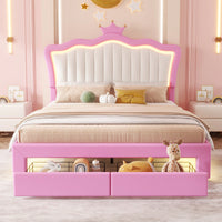Modern Upholstered Princess Bed Frame With LED Lights And Crown Headboard, Pink And White Design, Features 2 Storage Drawers