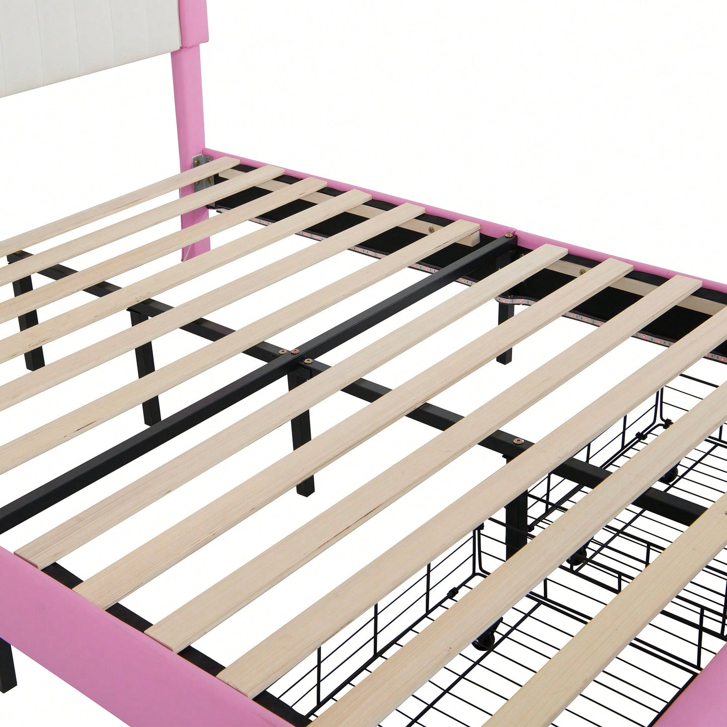 Modern Upholstered Princess Bed Frame With LED Lights And Crown Headboard, Pink And White Design, Features 2 Storage Drawers