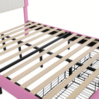 Modern Upholstered Princess Bed Frame With LED Lights And Crown Headboard, Pink And White Design, Features 2 Storage Drawers