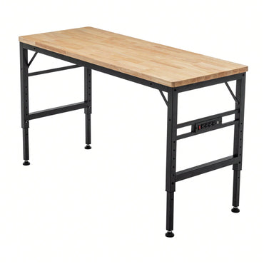 Heavy Duty 60 Inch Adjustable Height Workbench With Rubber Wood Top And Power Outlets, 2000 Lbs Load Capacity For Workshop, Garage, Office And Home Use