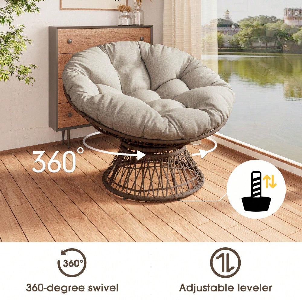 Ergonomic Wicker Swivel Chair With Thick Density Cushion And 3-Proof Cover For Living Room Bedroom Lounge Gray Base