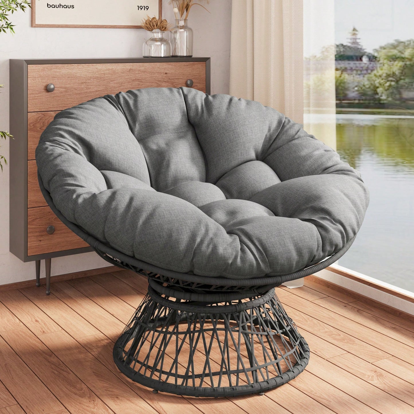 Ergonomic Wicker Swivel Chair With Thick Density Cushion And 3-Proof Cover For Living Room Bedroom Lounge Gray Base